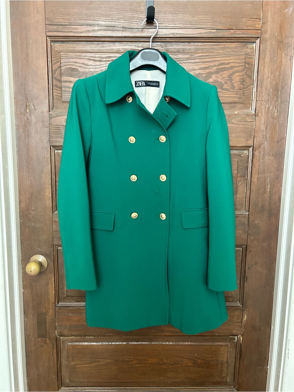 ZARA Green Double-Breasted Pea Coat with Gold Buttons